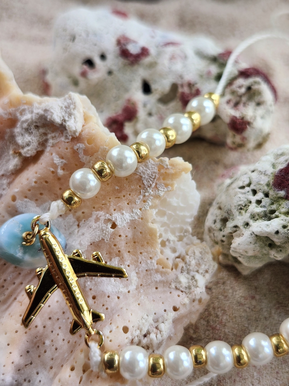 Gold & Pearl Airplane Charm Bracelet - Women Jewelry